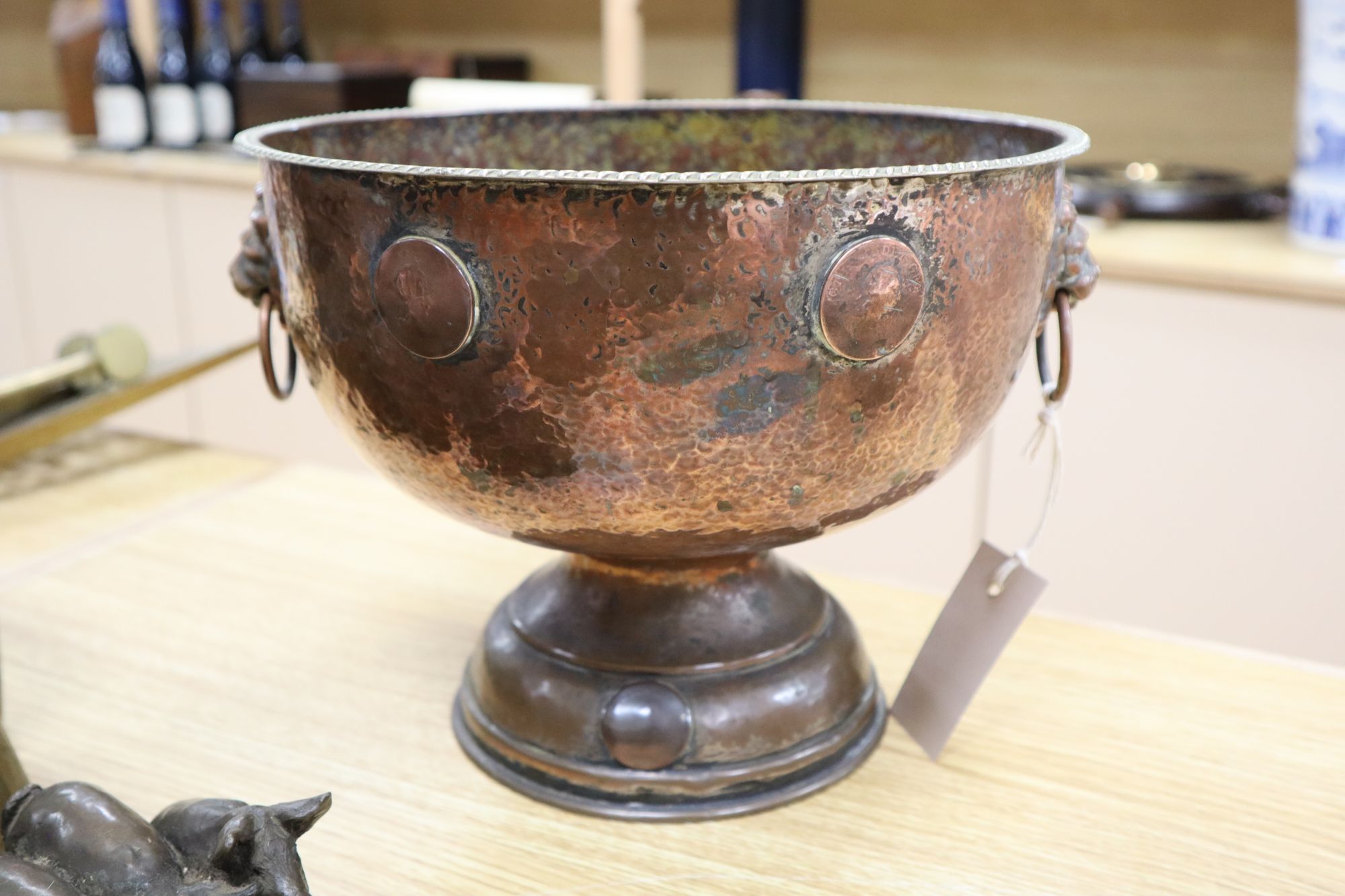 A set of three Georgian gilt bronze fire implements, a similar brass shovel and sundries,